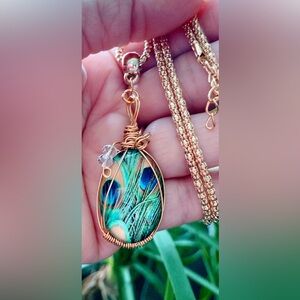 Peacock glass pendant wirewrapped necklace